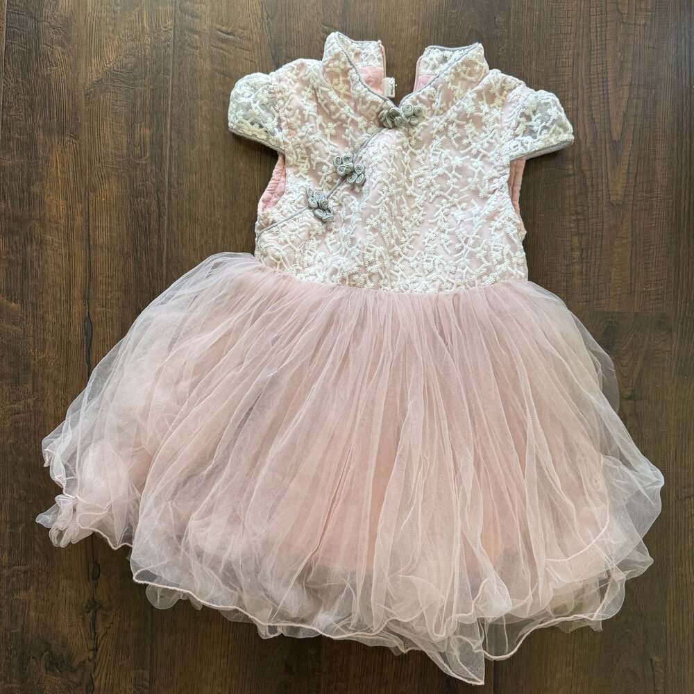 Cheongsam Chinese Style Blush Pink and Cream Tulle  Rosette Dress Toddler 3T-4T
